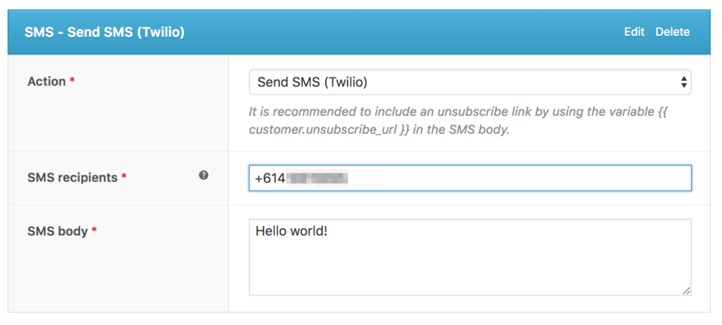 Sending SMS from a workflow - Documentation - AutomateWoo 